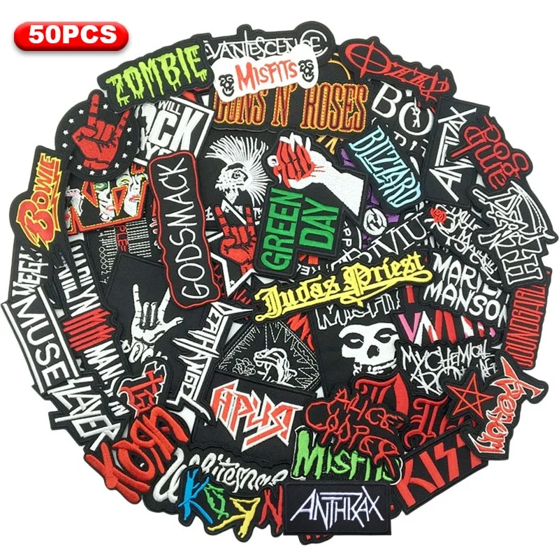 50pcs/lot Music Rock Band Embroidered Patches Iron on Applique for Clothing Jacket Jeans Mixed Random DIY Clothes Stripe