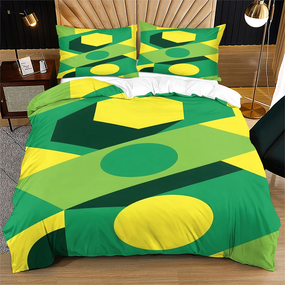 Green Yellow Geometric Duvet Cover Set Modern Abstract Circle Hexagon Color Block Bedding Set Fashion Quilt Cover Bedroom Decor