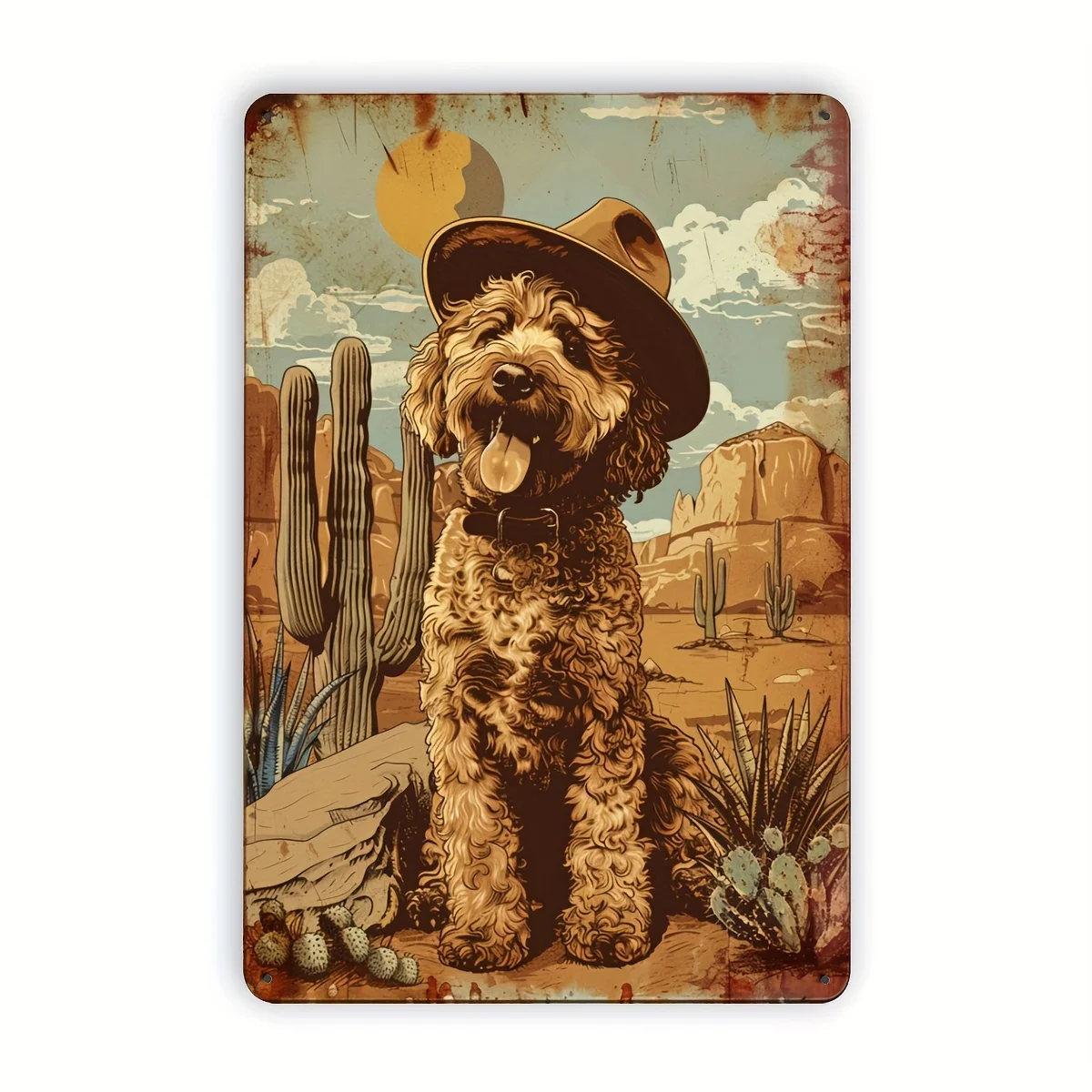 Vintage Desert Poodle Metal Tin Sign - Rustic Wall Art with Cowboy Hat & Cactus Design, 8x12 Inches, Indoor/Outdoor Decor for Ho