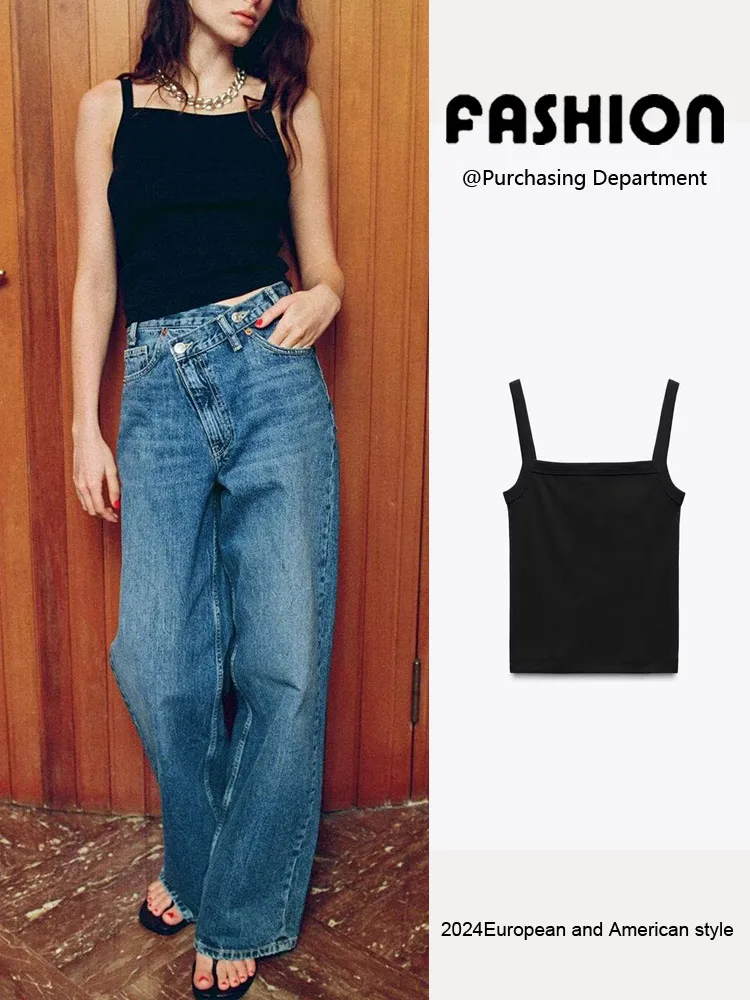 Summer New Arrival Women's Pure Color Slim Fit Square Collar Strap Vest Versatile Commute Sle Regular Length Svel Top