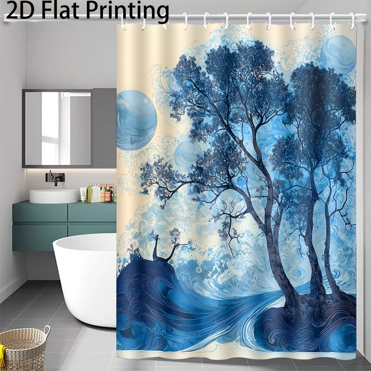 

Aesthetic Watercolor Blue Nature Shower Curtain with Trees and Ocean Waves Waterproof Bathroom Decor Curtain 180x200cm