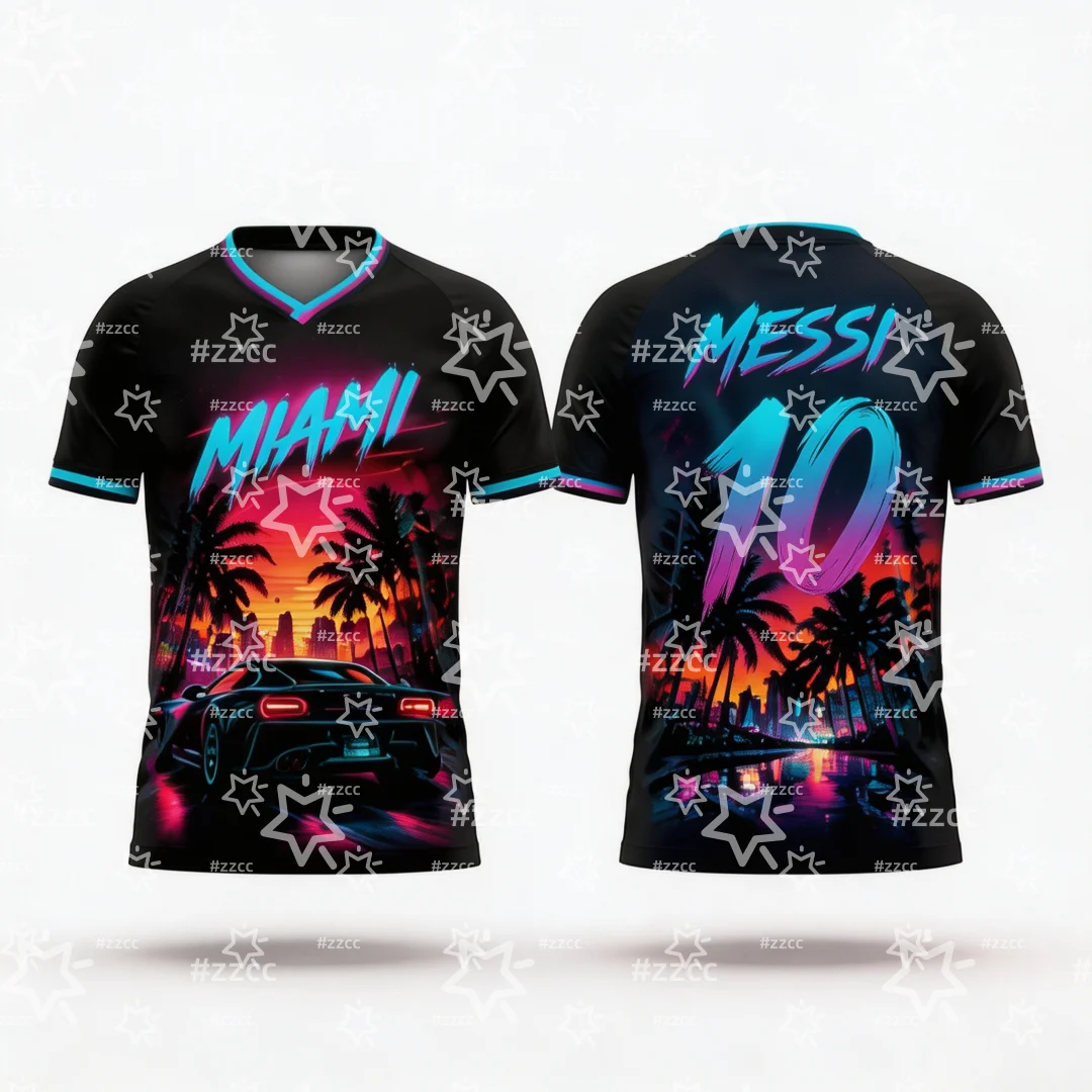 2026 Messi Football Jersey Retro Miami Coast Graphic T Shirt Men Neon Sunset City Street Jersey Kids Tshirt Cycling Jersey ﻿ ﻿ ﻿