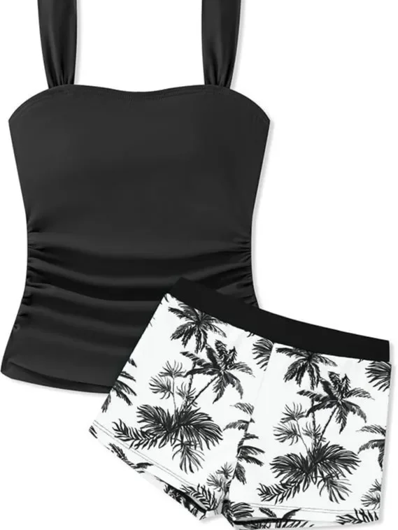 Two Piece Swimsuit Girls Coconut Tree Print Tankini Set Sweet Swimwear for Teens 7-16Y New Beachwear Bathing Suit