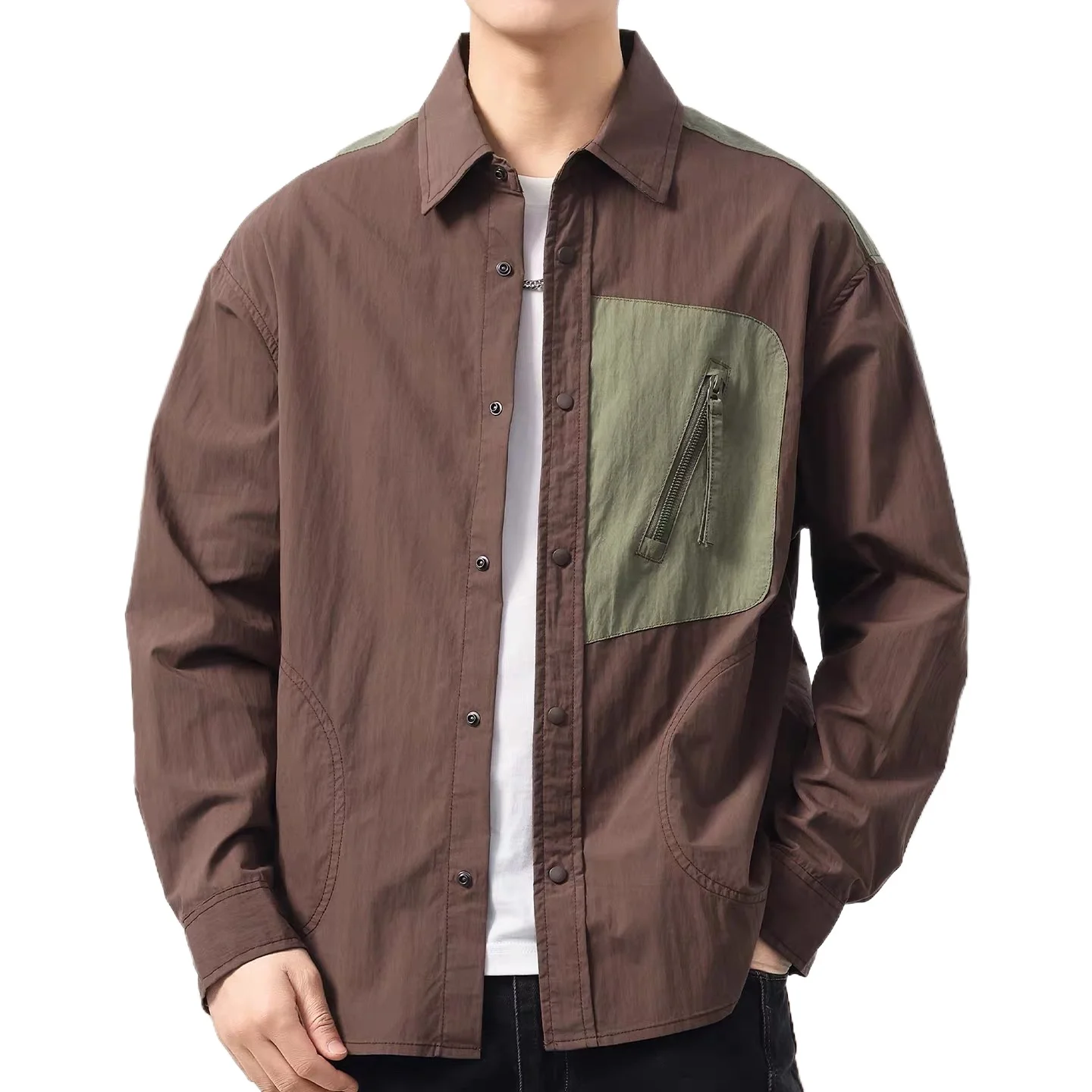 Autumn Cityboy Splice Fashion Loose Casual Long Sleeve Shirt Men Streetwear Oversize Outdoor Cargo Shirts Spring Clothing