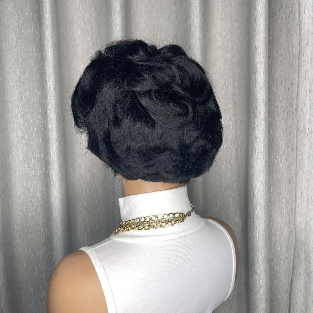 باروكات شعر بشري قصيرة بقص عابث للنساء ذوات البشرة السمراء، باروكة شعر بشري ريمي للاستخدام اليومي، شعر مستعار طبيعي مصنوع آليًا باللون الأسود