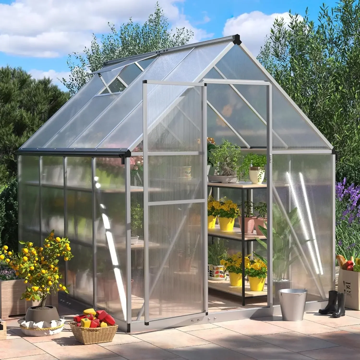 

6x8/8x10 FT Greenhouse for Outdoors, Large Polycarbonate Greenhouse with Updated Frame Structure Roof Vent and Lockable Doors