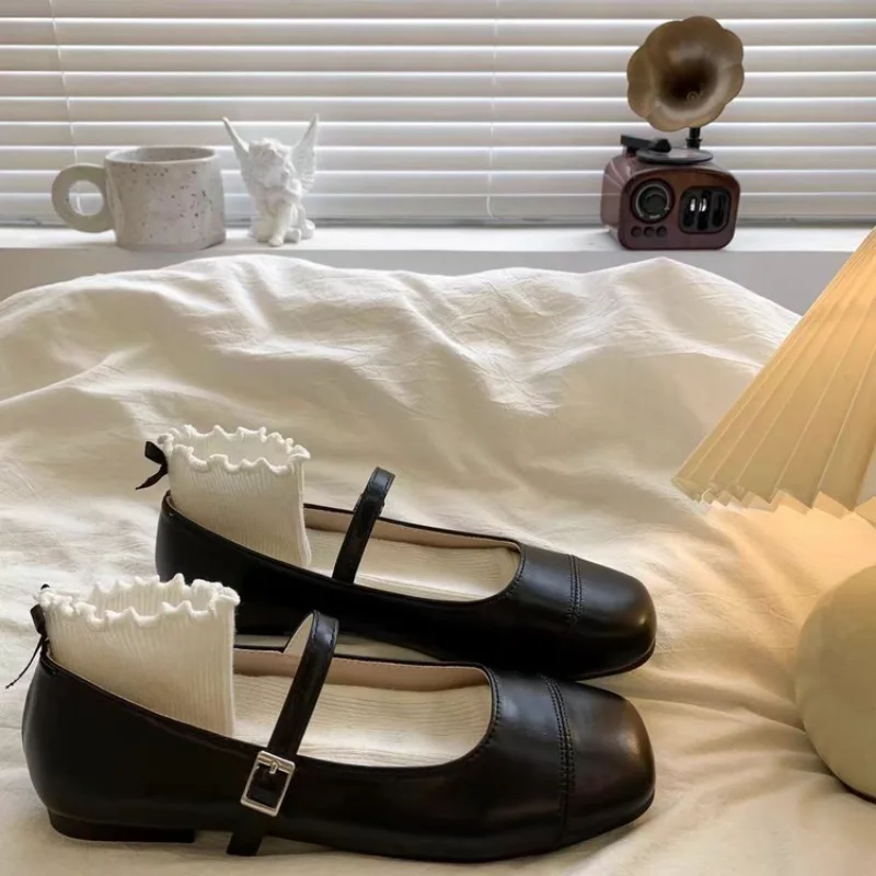 Autumn Women One Strap Buckle Low-Cut Platform Flat Mary Jane Shoes,Preppy JK Lolita Daily Commute Flat Shoes for Petite Girls