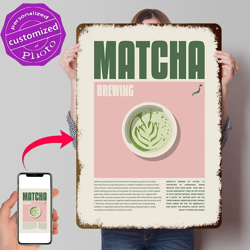 Matcha Tea Brewing Personalized 3D Textured Metal Poster Wall Art Vintage Tin Signs for Room Decoration At Home Decor Items Men