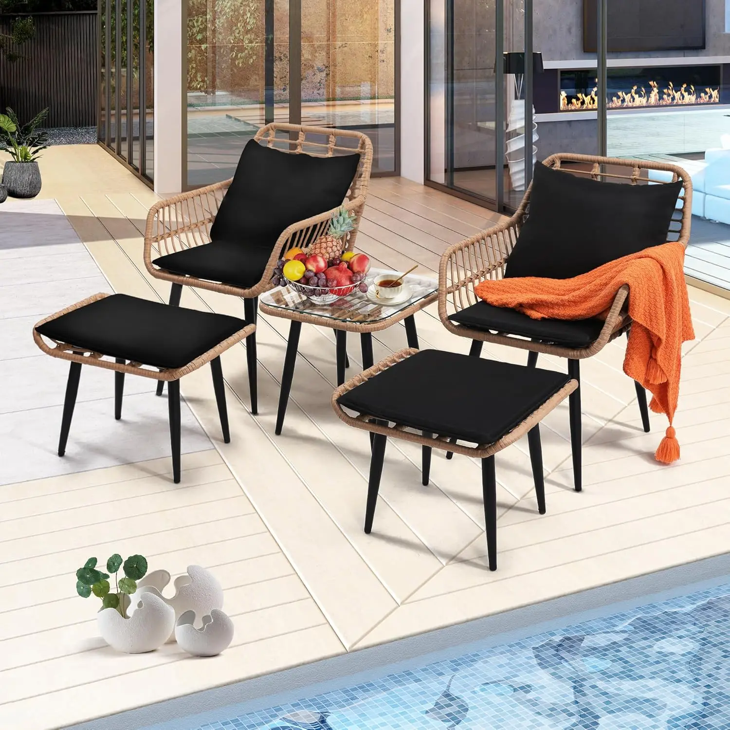 

Outdoor Wicker Chairs and Table Bistro Conversation Furniture Set, 5 Pieces with Ottoman for Porch, Balcony, Deck, Patio