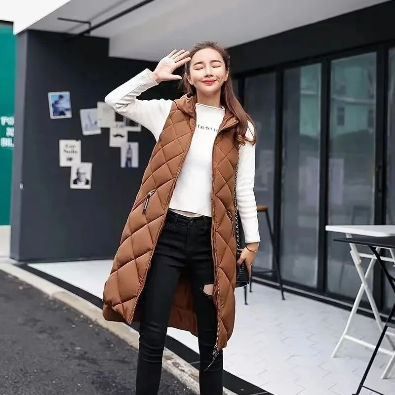 

Women's Sleeveless Vest Long Down Jacket Solid Korea Hooded Padded Vests Loose Females 2023 Ladies Fashion Casual Autumn Coat