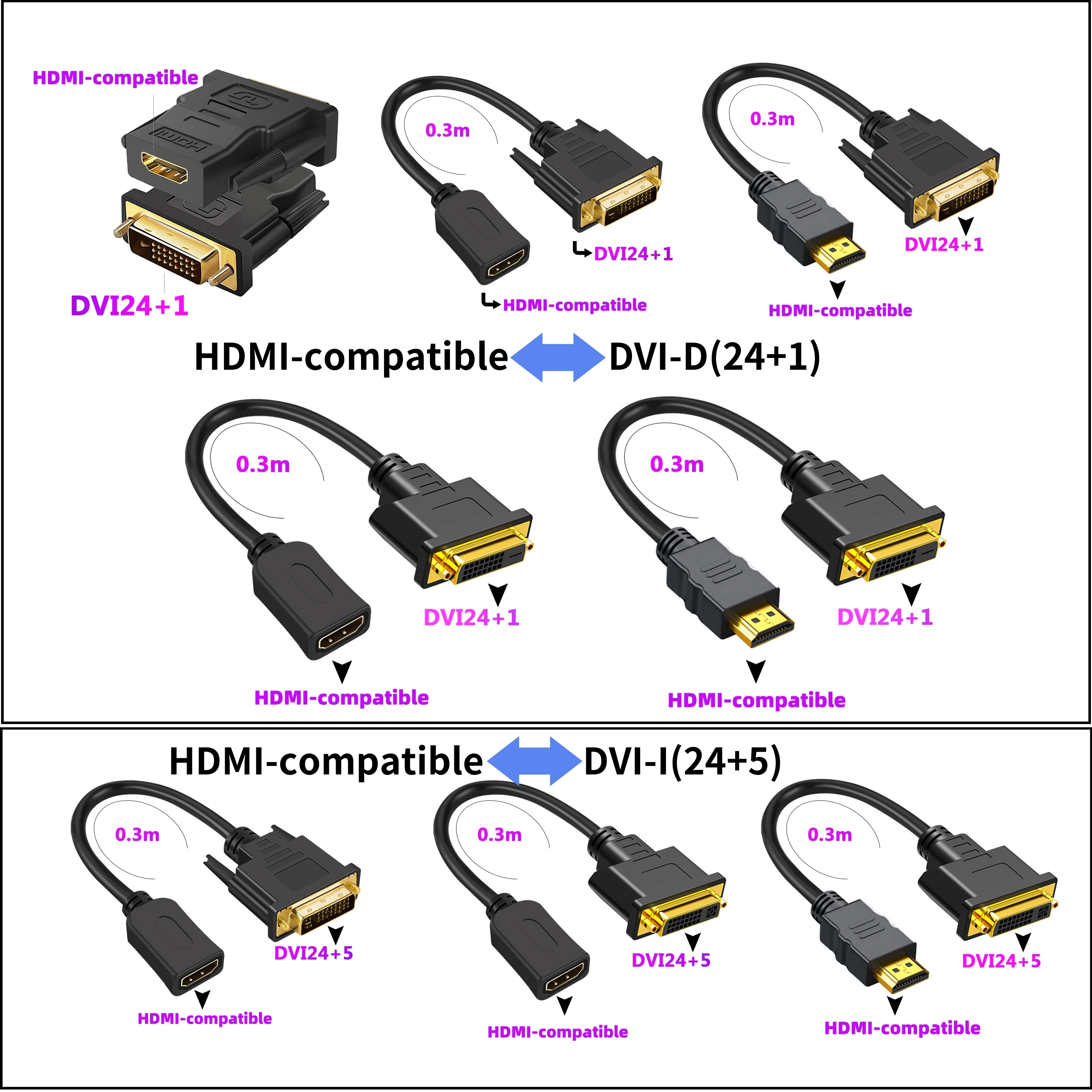 1080P HDMI-compatible to DVI Adapter Bi-Directional DVI 24+1/24+5 Pin to HDMI-compatible Cable for PS4 PC Graphics Card Monitor