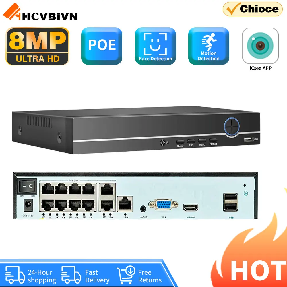 

10CH 8MP/5MP/4MP/1080P Face PoE NVR CCTV VIdeo Security Surveillance System For PoE IP Camera Video Recorder Audio Input 8CH 4K