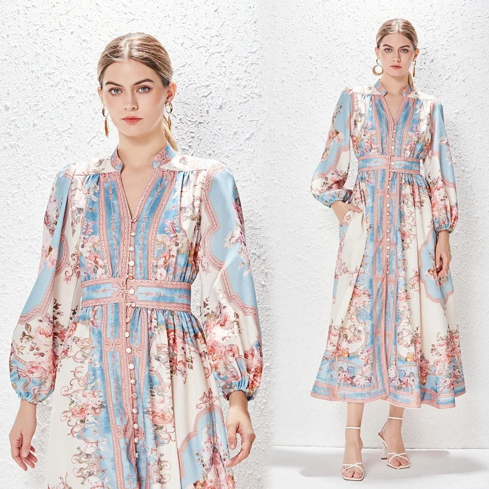 

2024 New Spring Summer Holiday Style Patchwork Print Single Breasted Long Sleeved Dress for Women's Vacation Vintage Long Dress