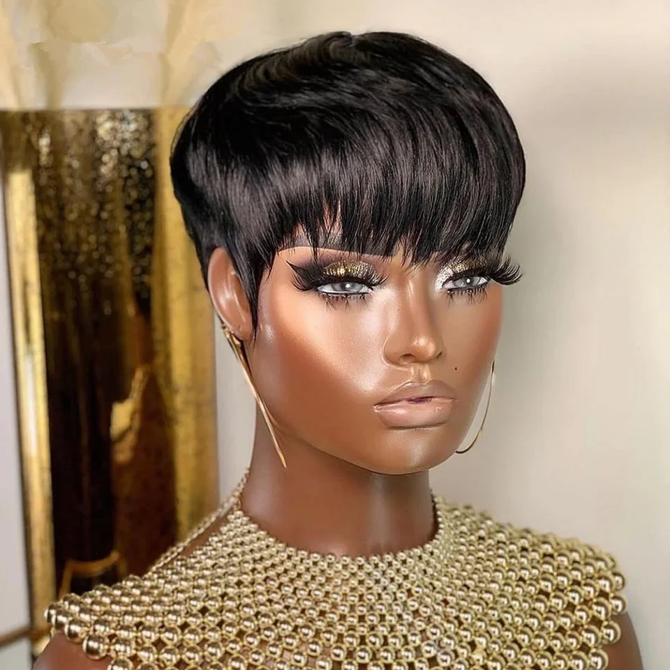 Phashion Bob Brésilienne Naturelle Remy avec Frange, Cheveux Courts et Lisses, Coupe Pixie, Sans Colle, Faite à la Machine, Bon Marché, pour Femme Africaine