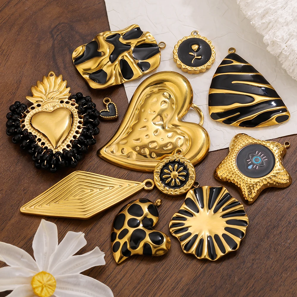 2-5PCS Stainless Steel Charms Punk Black Enamel Pendant Base Gold Plated Jewelry Accessories for DIY Necklace Bracelets Earrings