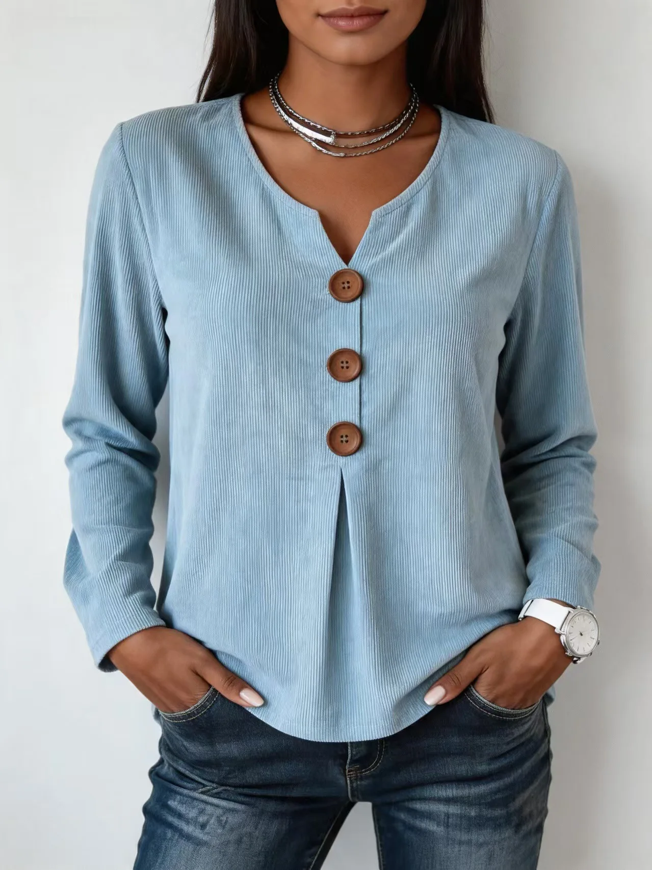 2026 Autumn New Solid Color V-Neck corduroy long sleeves Button-Up Loose-Fit Long Sleeve T-Shirt Women's Style Fashion Casual