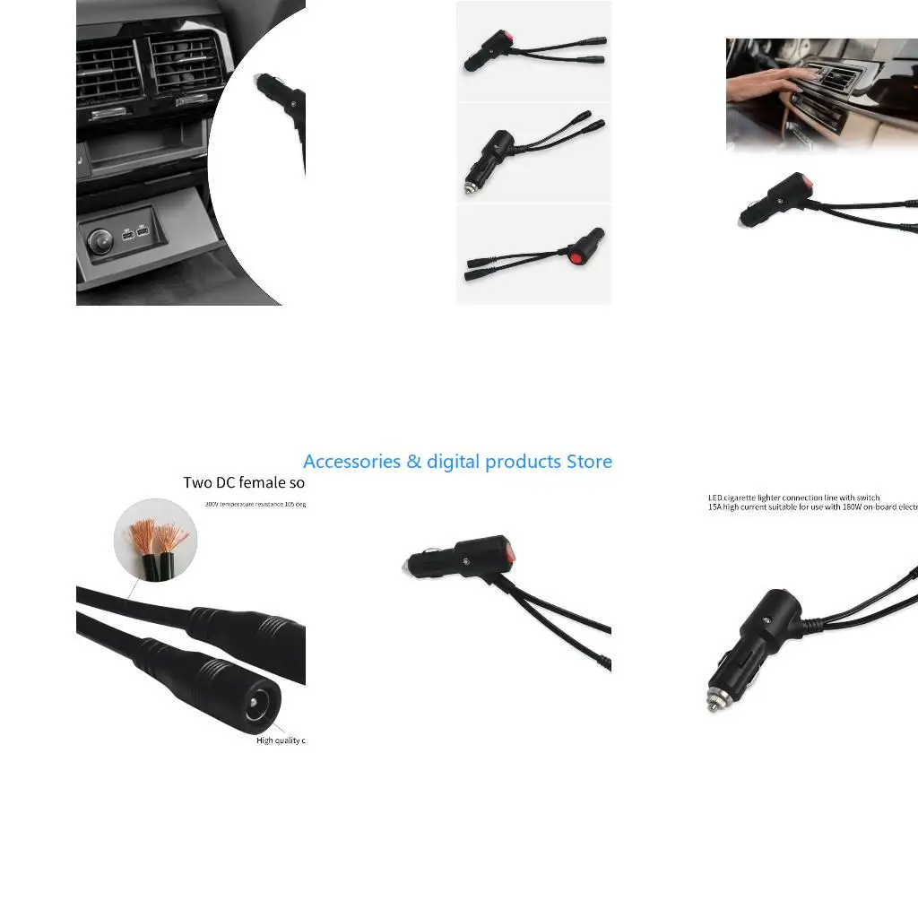 77JD Car Cigarettes Plug to Double DC5521 Power Cable with Switching Button