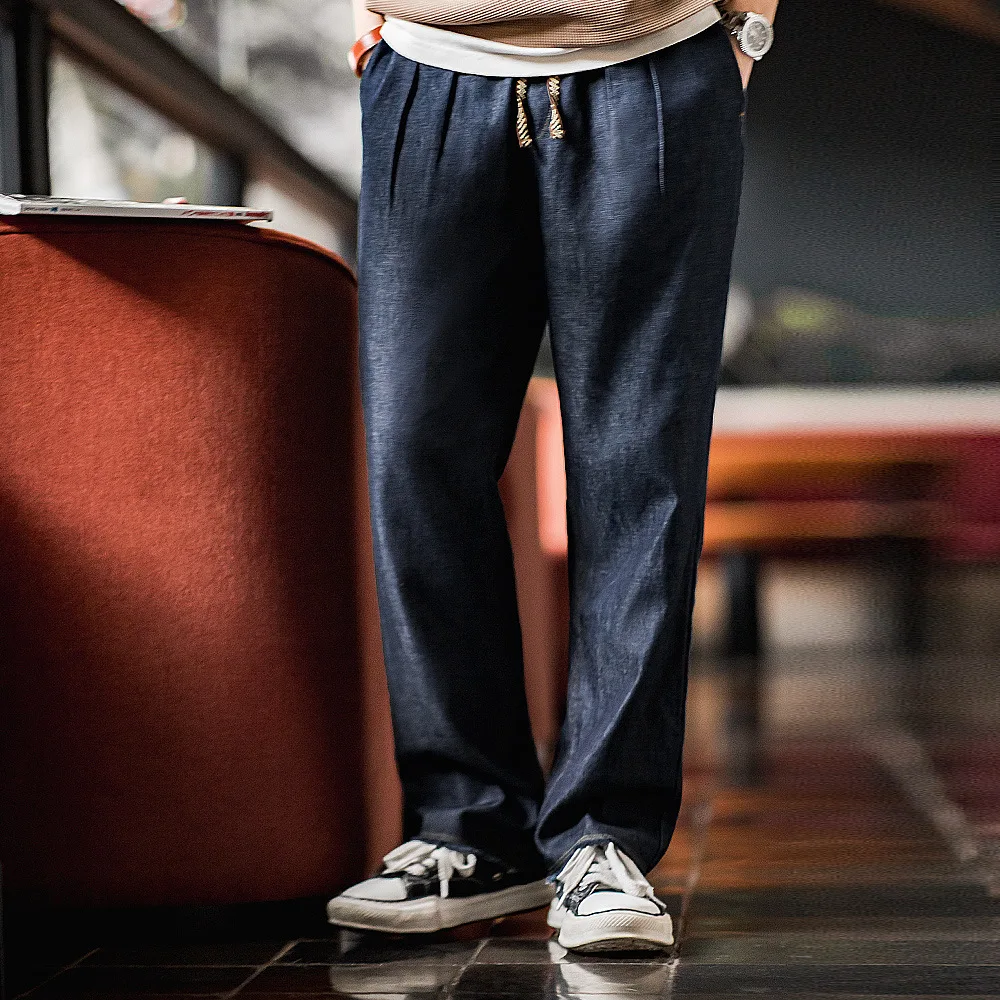 Madden workwear American casual ice leather jeans denim washed double pleated raw edge loose straight trousers men's autumn