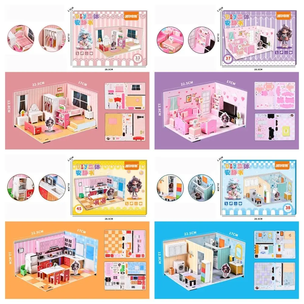 Bedroom DIY Puzzle Dollhouse Room Living Room Kitchen Pretend Play Paper Doll House Cartoon Bathroom 3D Paper Puzzle Room Gifts