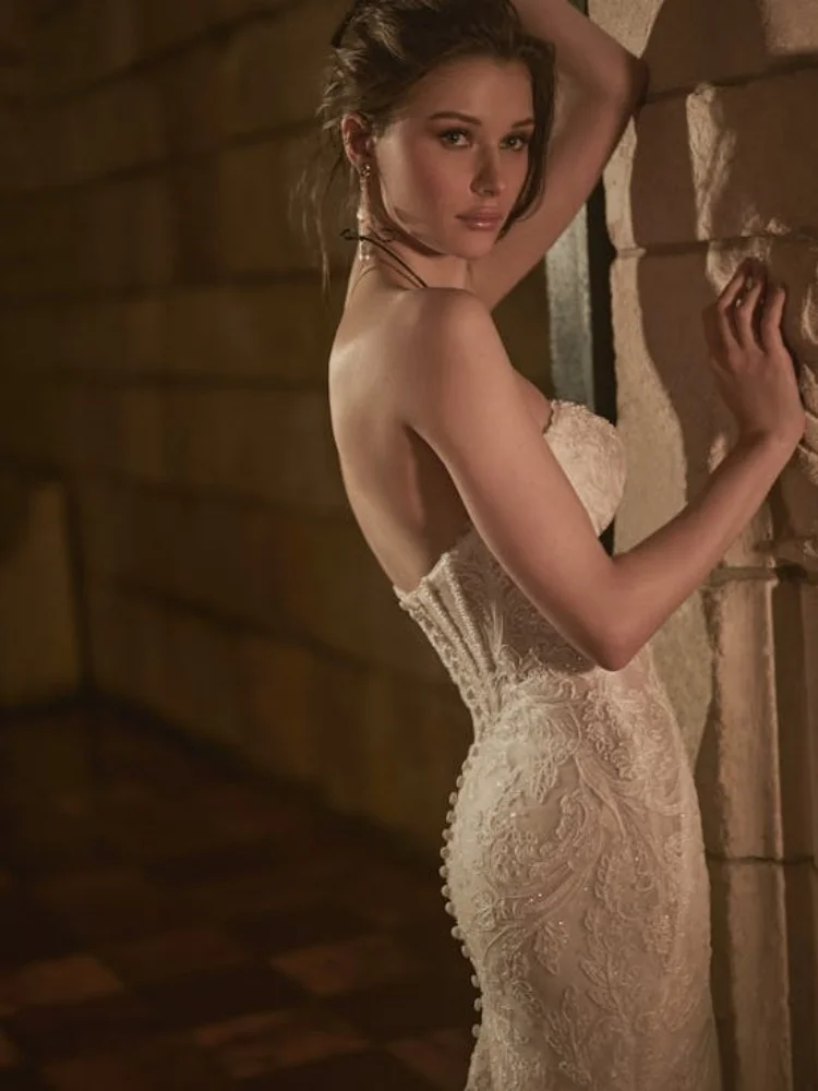 Vestido de novia de sirena sin tirantes con escote en forma de corazón de lujo, encaje de cola de tul desmontable, cuentas exquisitas, encantador vestido de novia personalizado