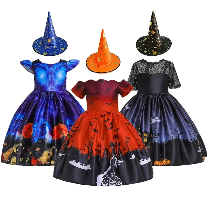 2024 Halloween Pattern Girls Dress Children Carnival Party Costume New Fashion Witch Cosplay Princess Dress 3 4 5 6 8 9 10 Years