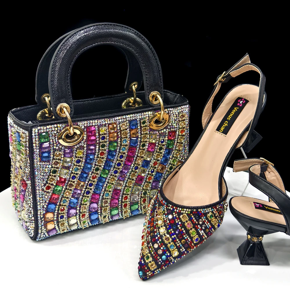

2025 New Nigerian Rainbow Color Women Pointed Toe Sandals Shoes and Bag Set For Mature Offices Ladies in Dress