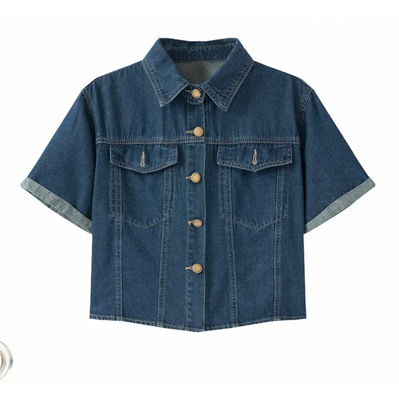 

New Short Sleeved Retro Collar Denim Jacket Shirt, Retro Small Shawl for Women