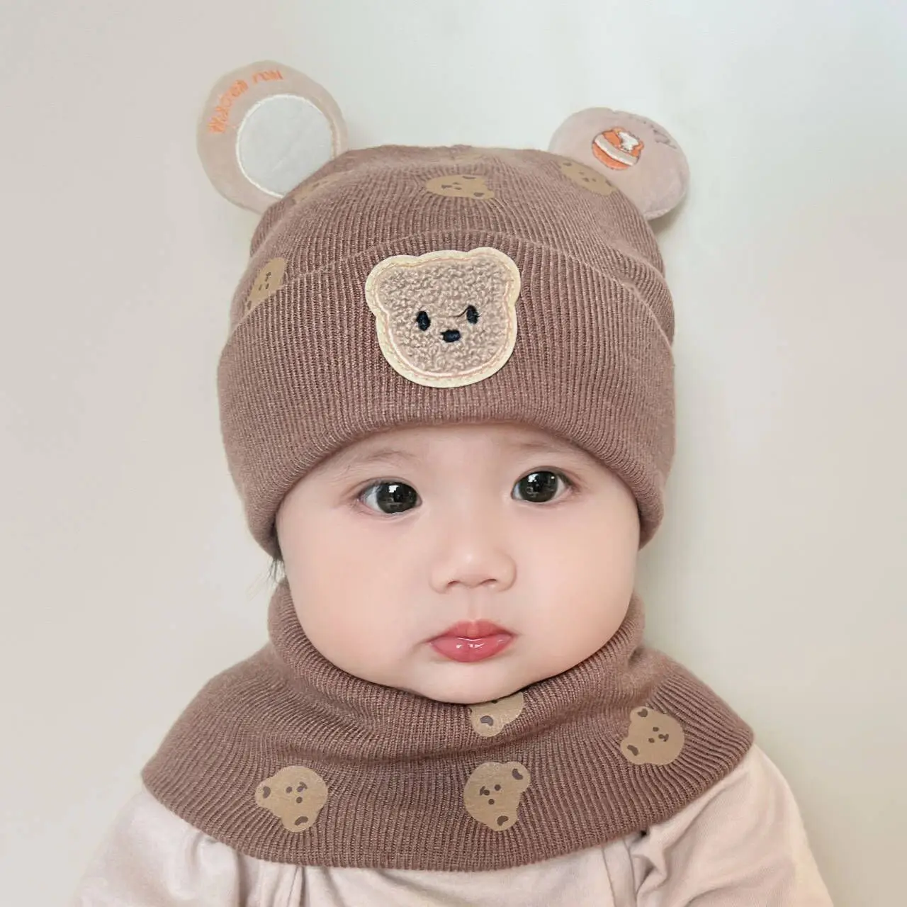 1Set Baby Hat Scarf Set Bear Warm Knitted Children Winter Hat Cap Bonnet Infant Toddler Kids Hat Boys Girls Crochet Beanie