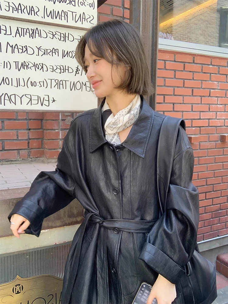

Sweet Cool из искусственной кожи, женское пальто средней длины с поясом на талии и принтом тай-дай, верхняя одежда с длинным светом и откидным воротником