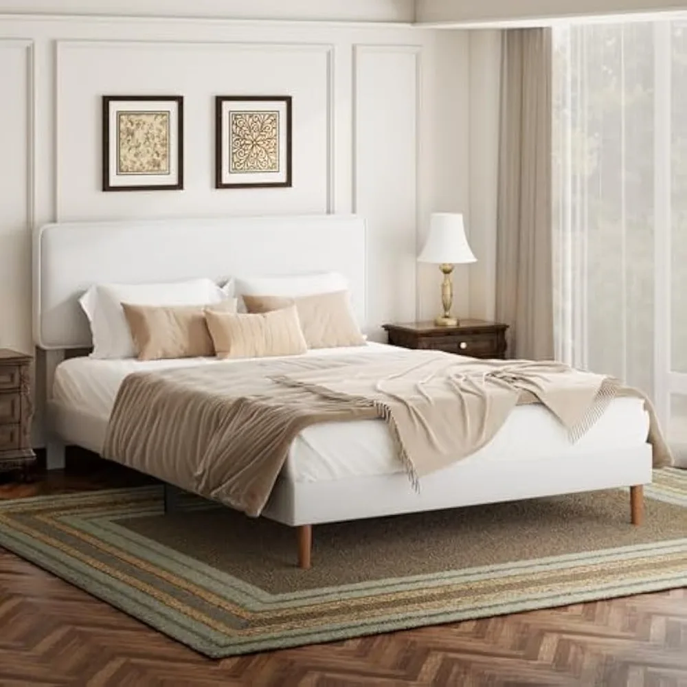 Queen Size Fabric-Covered Platform Bed with Adjustable PU Leather Headboard, No Box Spring Required, Wood Slat Support, Simple A