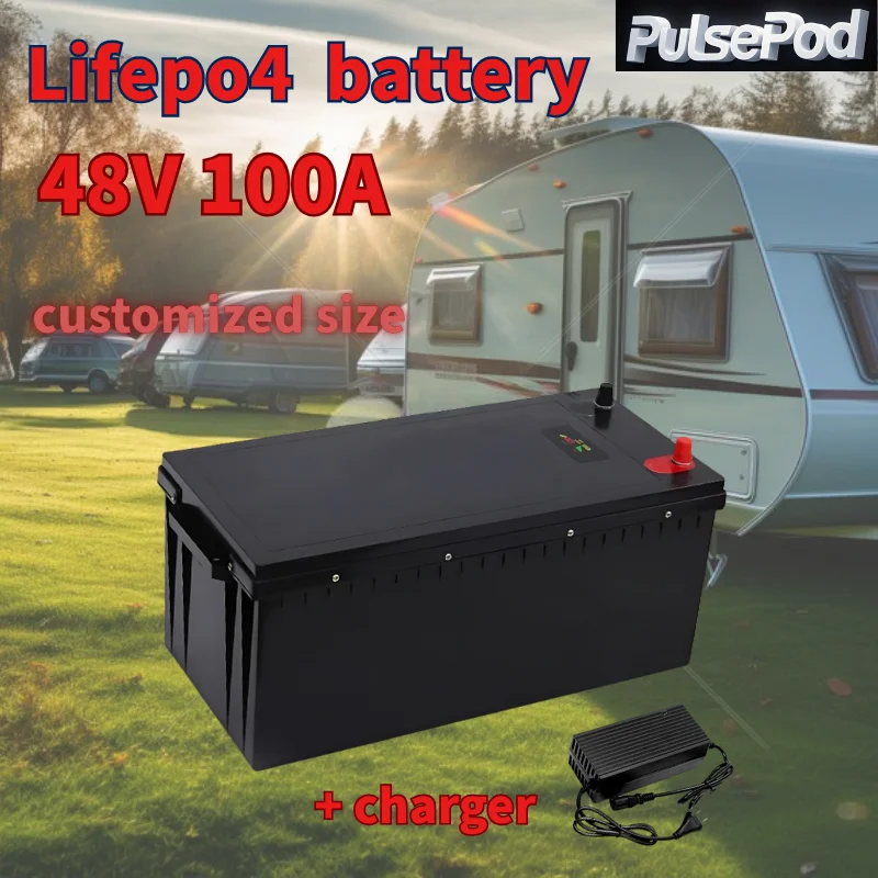 

PulsePod 48 В 100 Ач lifepo4 аккумулятор с BMS для трехколесного велосипеда, гольф-кара, инвертор, скутер для хранения солнечной энергии + зарядное устройство 10 А