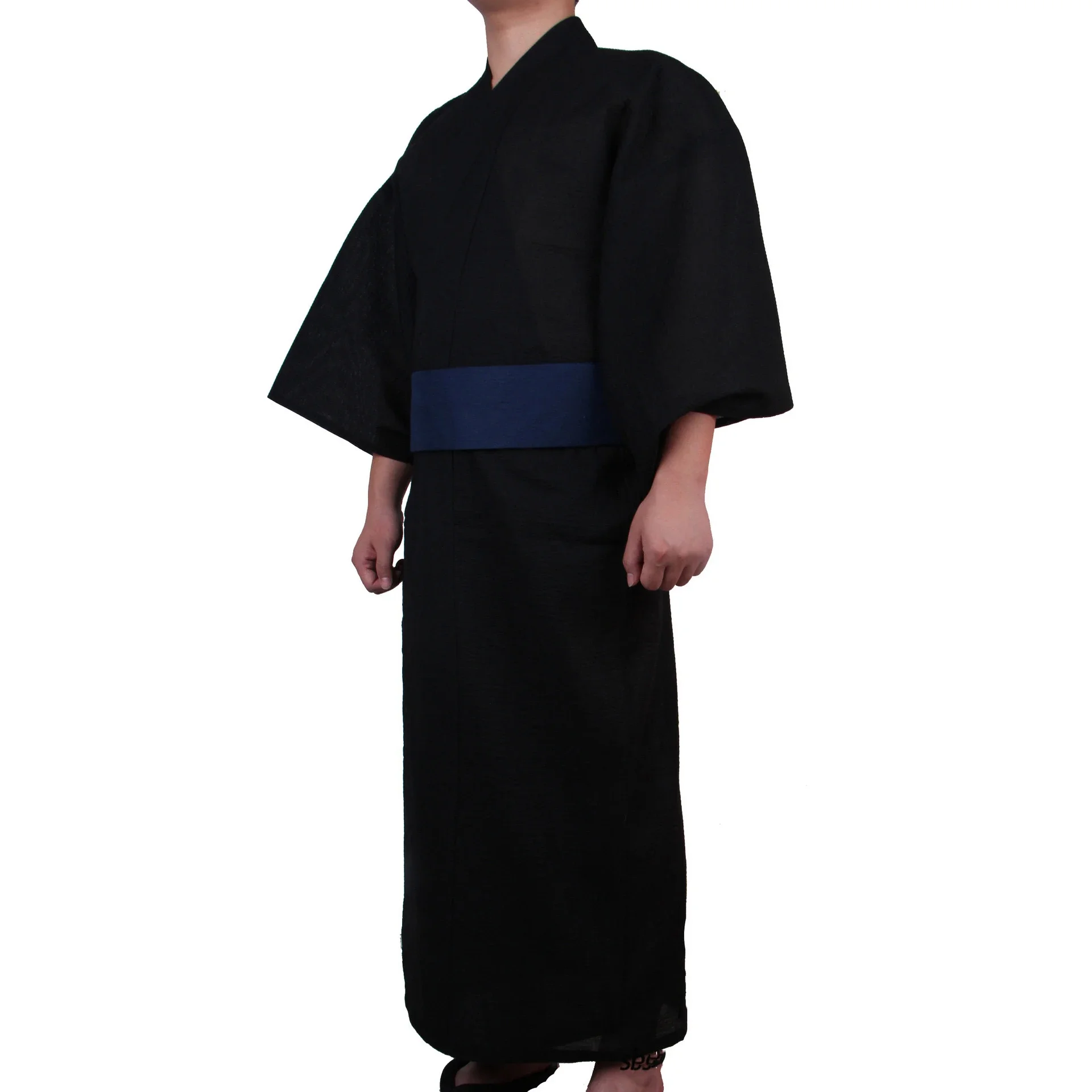 Summer Black Japanese Traditional Samurai Kimono For Men Yukata Bathing Robe Hekoobi Loose Style Sauna Homewear Belt Long Gown