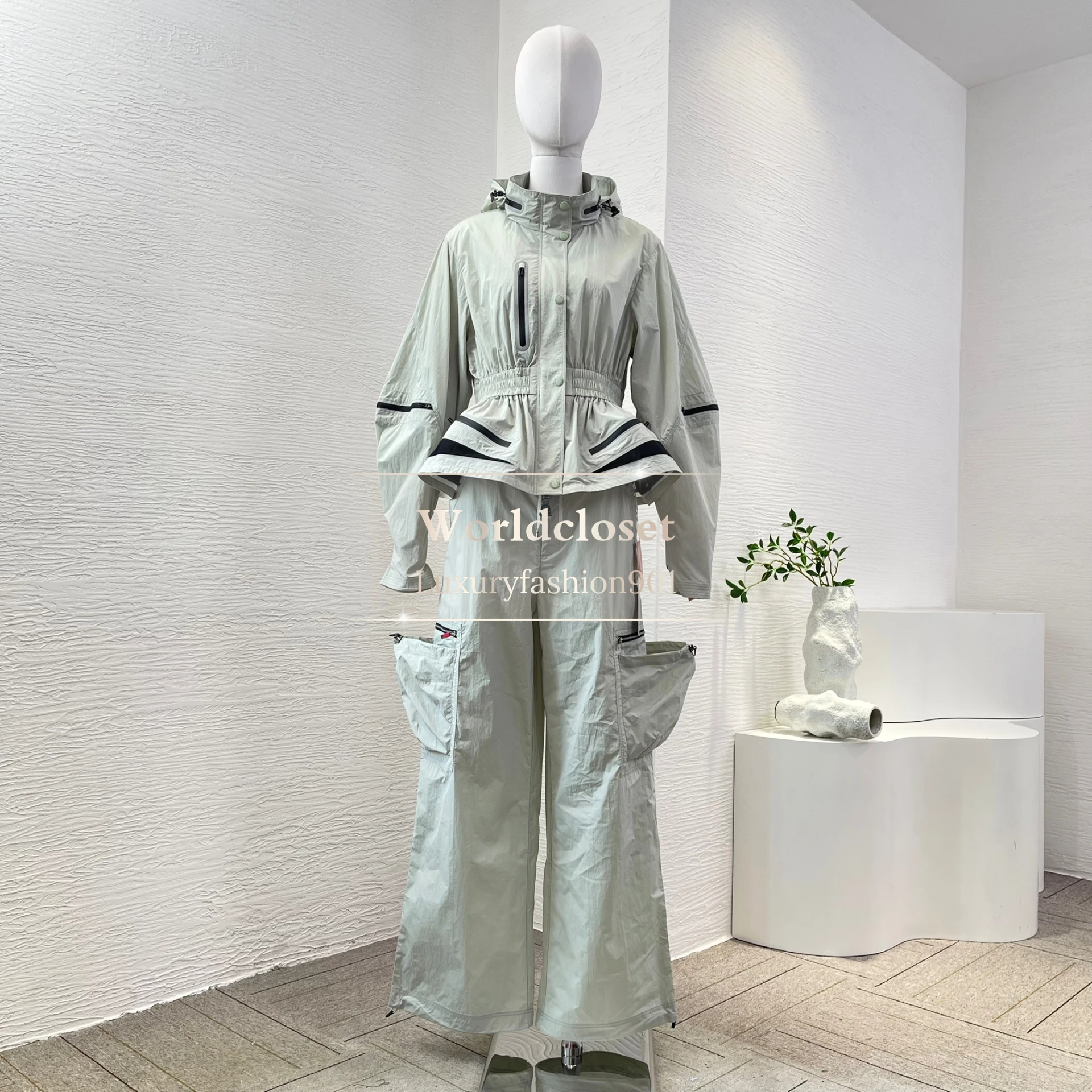 

Green/wWite Long Sleeve Hooded Workwear Style Jacket and Pants Set 2025 Spring Drawstring Waist Sport Suit