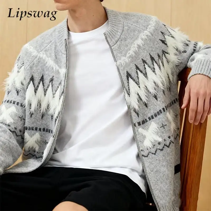 

Модные мужские вязаные кардиганы контрастного цвета, весна 2026, повседневная тонкая верхняя одежда, мужские вязаные свитера на молнии с круглым вырезом