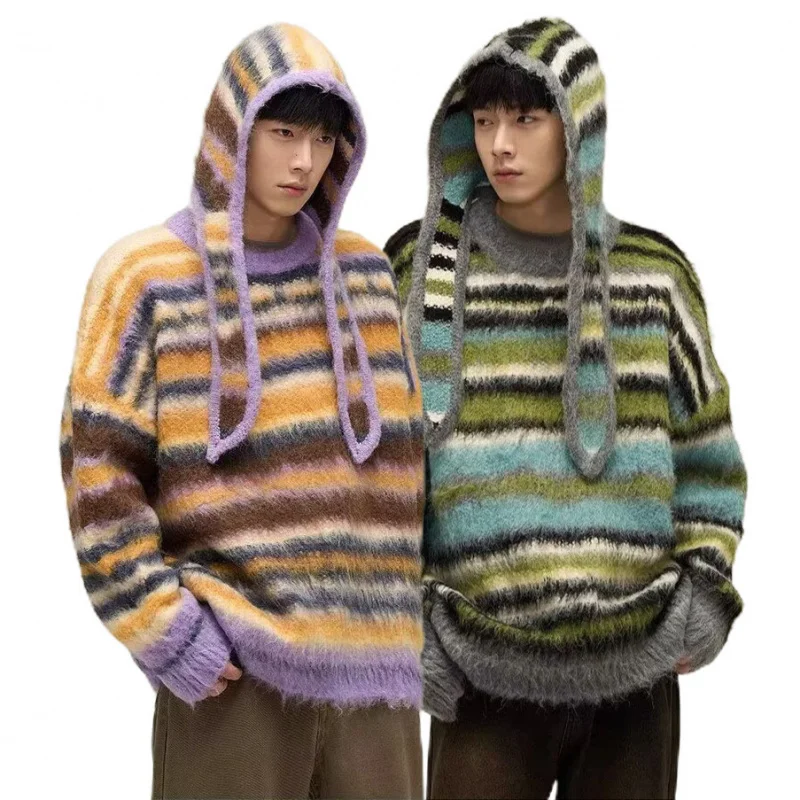 

Large Size Striped Fleece-Lined Knit Sweater for Men Autumn Winter Pullover
