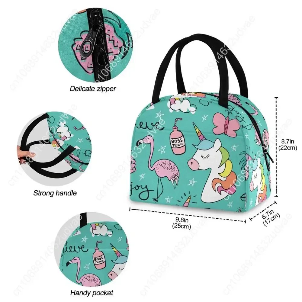 Unicorn Print Draagbare Koeler Lunch Tas Thermisch Geïsoleerde Reis Draagtassen Grote Voedsel Picknick Lunch Box Tas Voor Mannen Vrouwen Kinderen