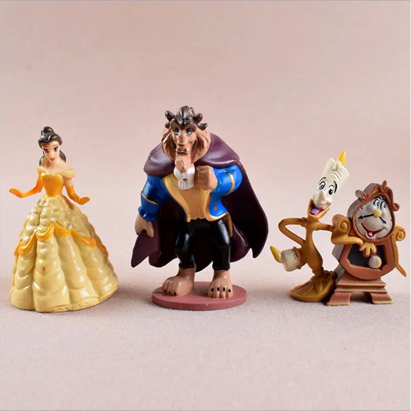 Schattige Disney Princess cartoonfigurencollectie - Belle en beest 6-delige poseable poppenset, geanimeerd decorgeschenk voor kinderen