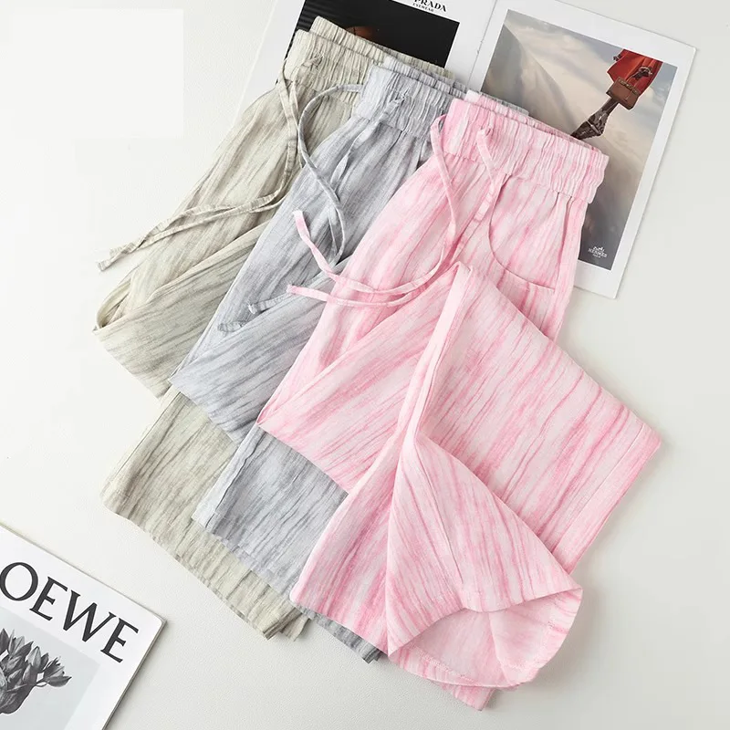 التعادل صبغ الحرير الجليد القطن الكتان السراويل واسعة الساق للنساء الصيف عارضة فضفاضة مريحة ثنيات الأزياء السراويل المستقيمة
