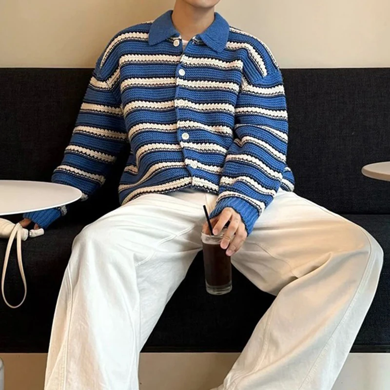 Vintage Striped Crochet Mens Sweater Jackets Casual Button-up Turn-down Collar Knit Cardigans Men Spring Autumn Fashion Sweaters