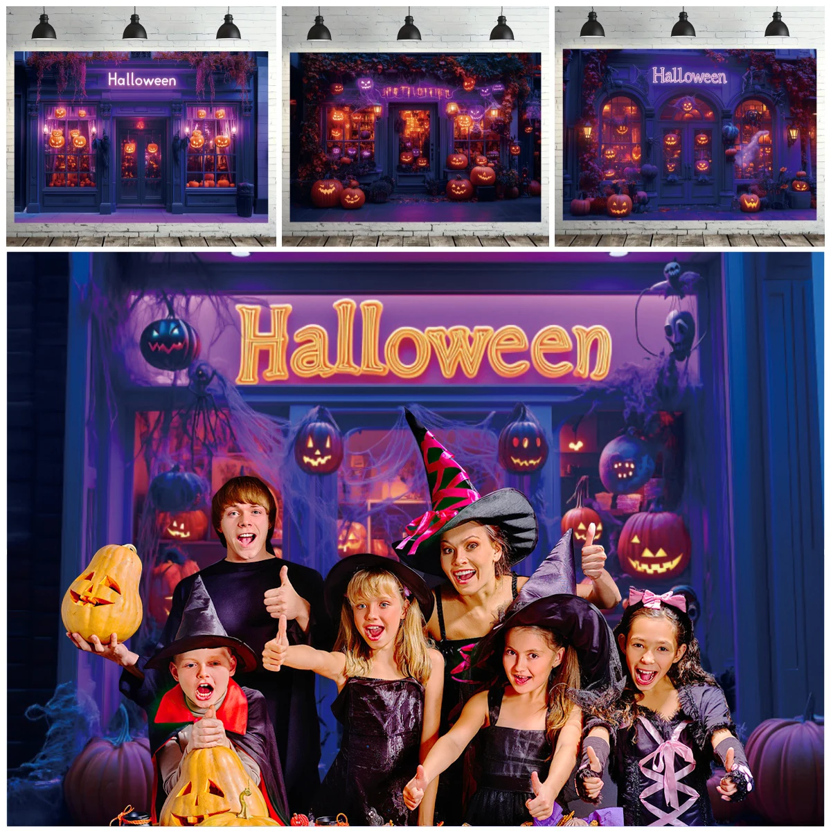 خلفيات زينة الهالوين للصور، متجر الهالوين، الخفافيش، القرع، الأشباح، ديكور حفلة عائلية، خلفية صورة للأطفال