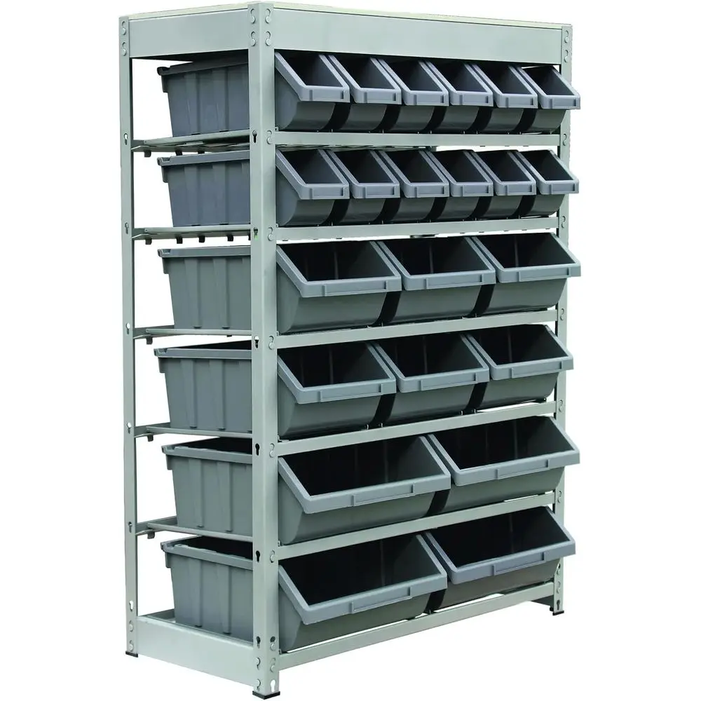 

Heavy-Duty Steel Bin Rack Organizer with 22 Plastic Bins, 6-Tier Storage System