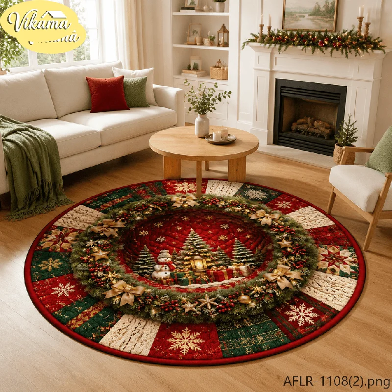 VIKAMA Christmas Wreath Round Rug, Living Room Sofa and Coffee Table Rug, Farmhouse-Style Holiday Area Rug, Home Decor