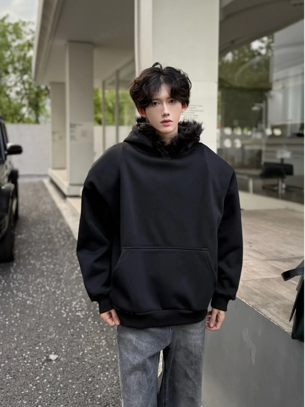 

Cleanfit Men's Hooded Jaet Fce Lined Oversize American Sle Heavyweight Hoodie Warmth Winter Casual Long Sve Sweatirt