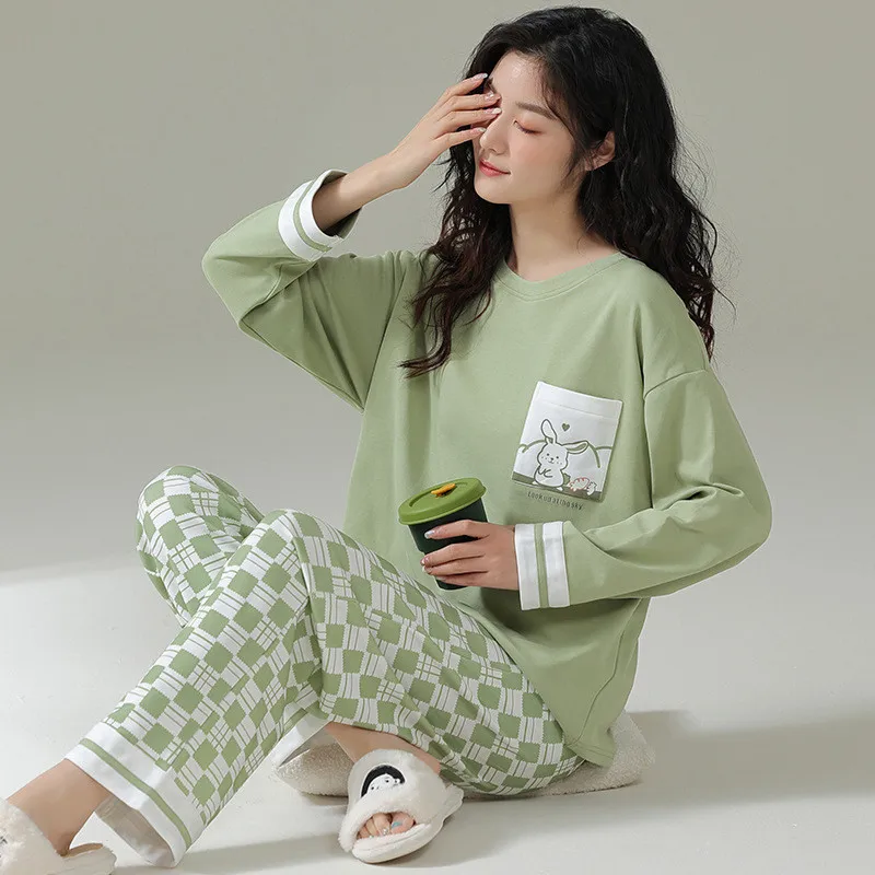 Uhytgf Lente Herfst Twee-Delige Set Womens Pyjama Zoete Student Katoen Dunne Thuis Kleren Vrouwelijke Lange Mouwen Broek Nachtkleding 2614