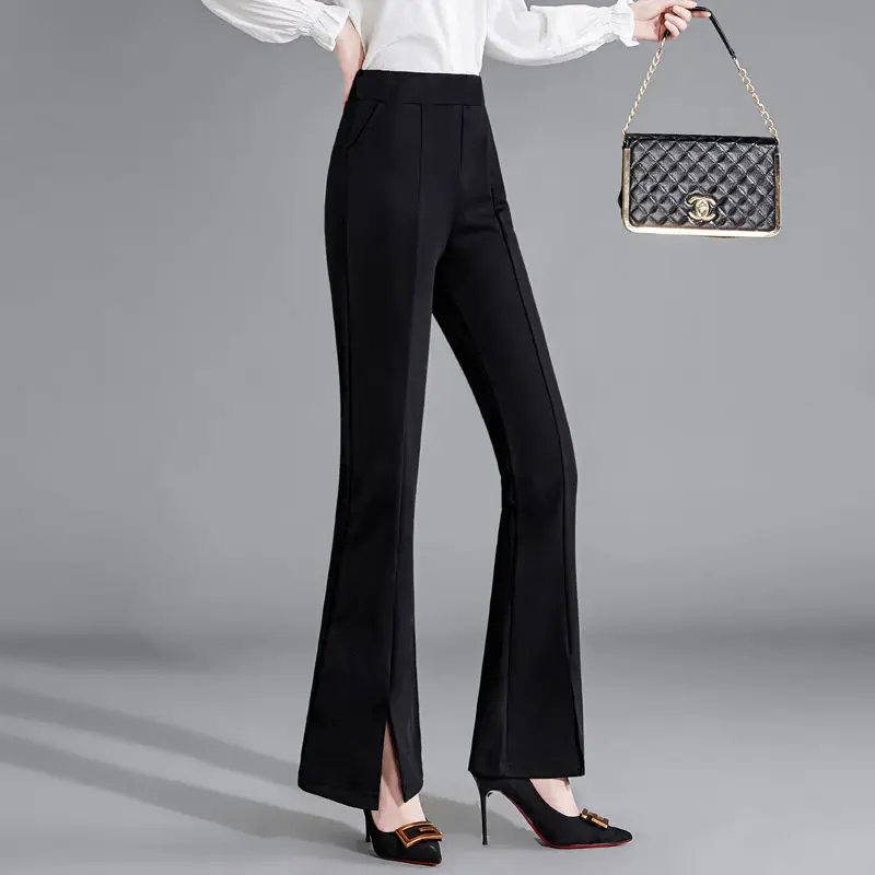 Spring and Autumn New Split Suit Pants Women's Retro High Waist Slim-Fit Micro Flared Pants Black High Waist Suit Pants