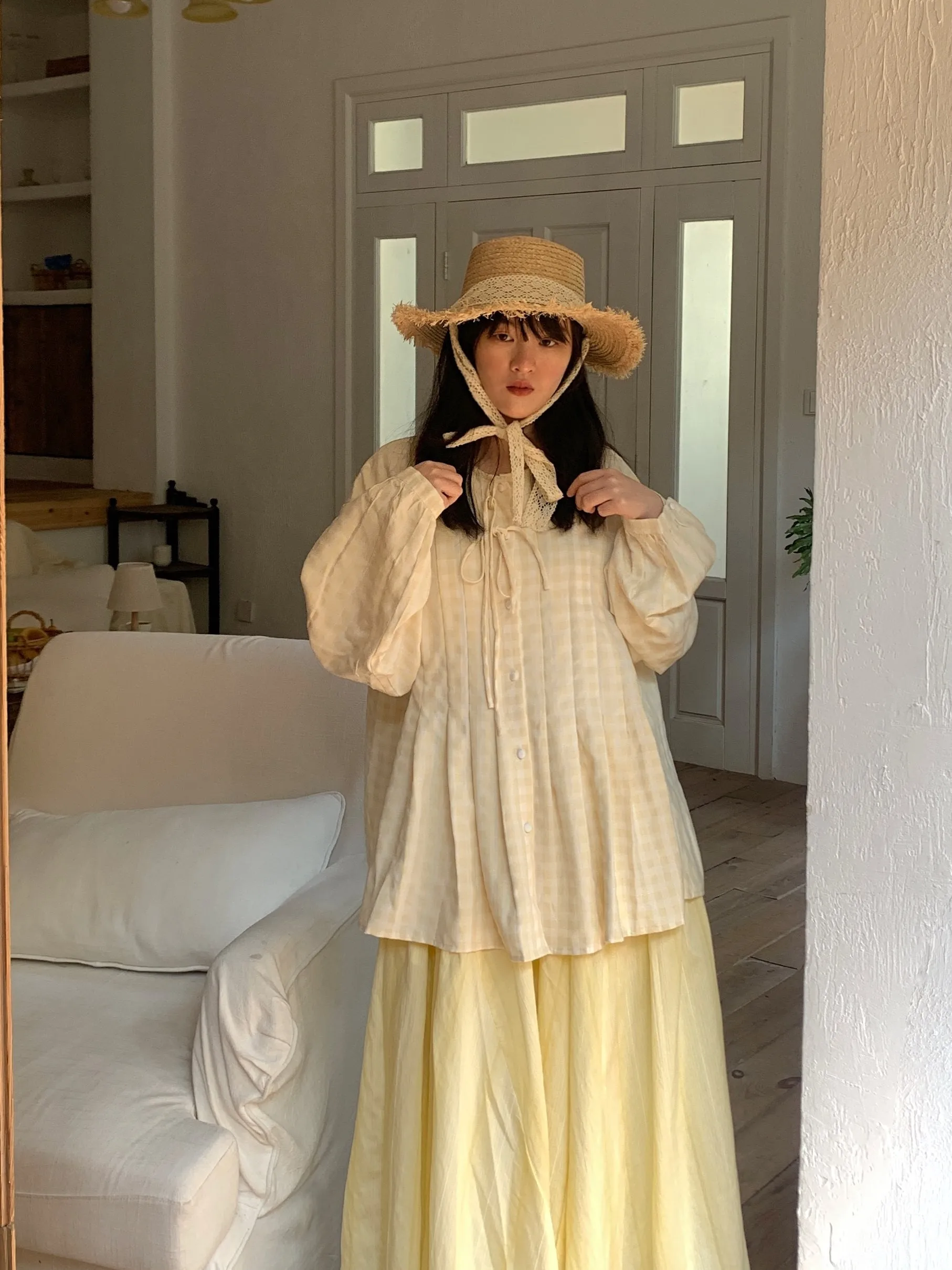 Japanese Style Loose Fit Long Sleeve Plaid Cotton Shirt Women's Fashionable Versatile  Knot Tunic Top Breathable Ski...