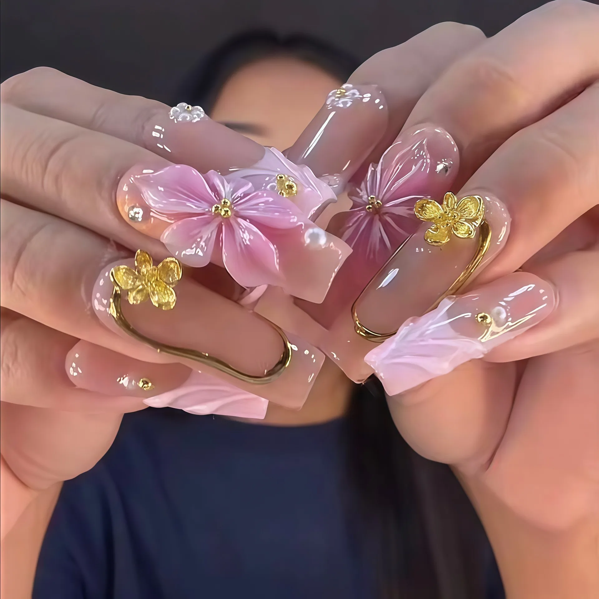 24Pcs Pink French Diamond Nails Press on Long Square Head Wearable False Nails Full Cover 3D Flower Gilded Design Fake Nail Tips