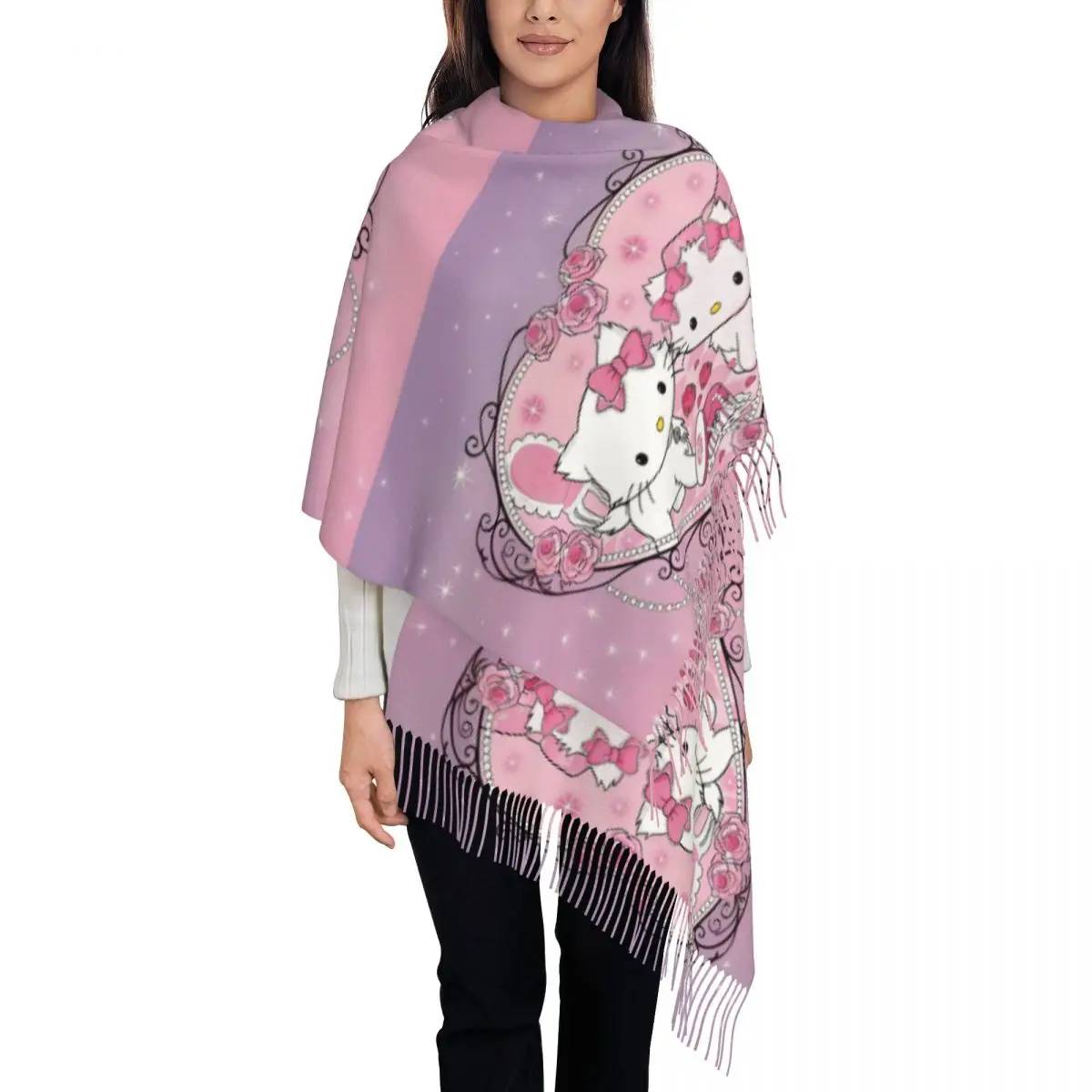 

Стильный стильный шарф с кисточками в стиле аниме Sanrio, очаровательный шарф с кисточками, женские зимние теплые шали, женские милые шарфы с героями мультфильмов