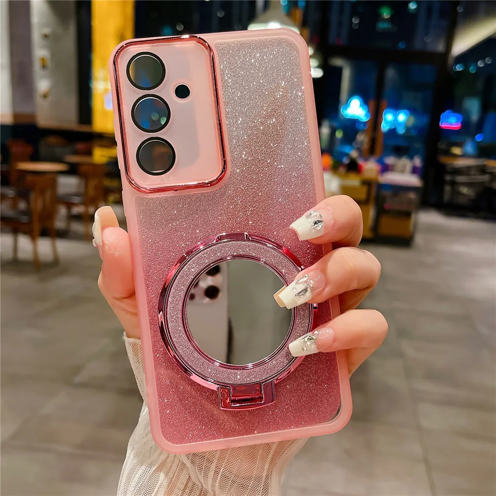 Make Up Mirror For Magnetic Stand Glitter Phone Case For Samsung A73 A53 A52 A54 A55 A72 A32 A22 A34 A12 A13 A15 Silicone Cover