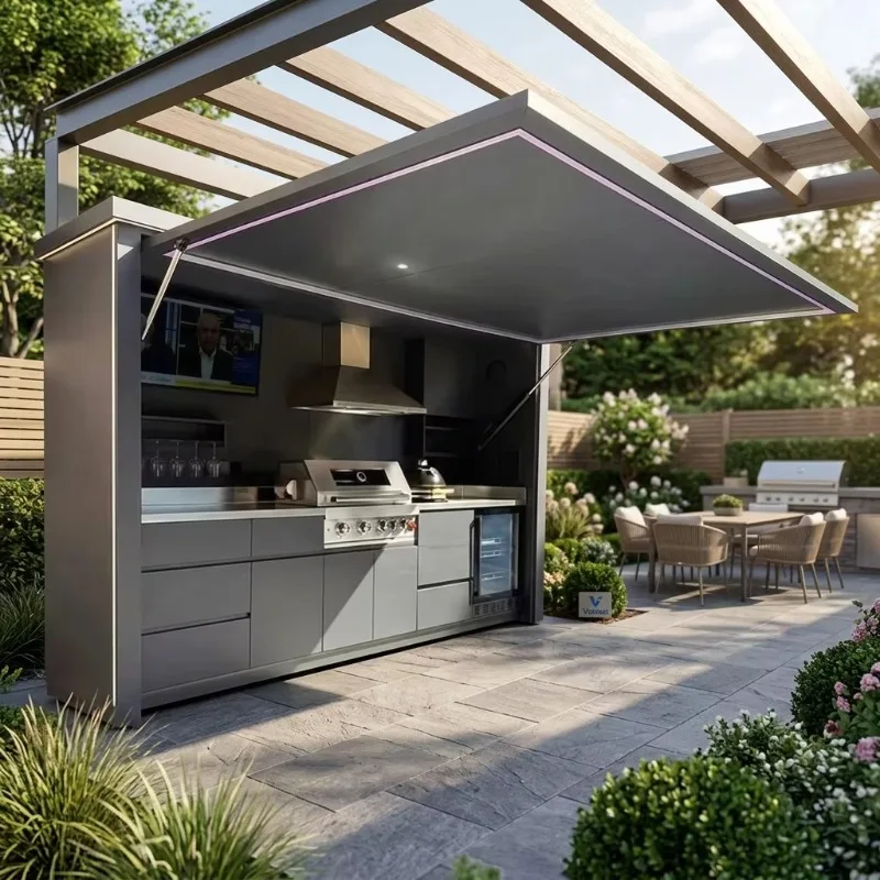 Custom Modular Outdoor Kitchen Enclosed Backyard Cooking Station With Retractable Awning BBQ Grill